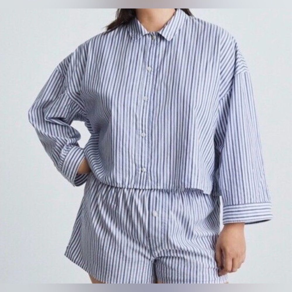 Everlane The Woven P.J. Top Blue Stripe NWT Size M